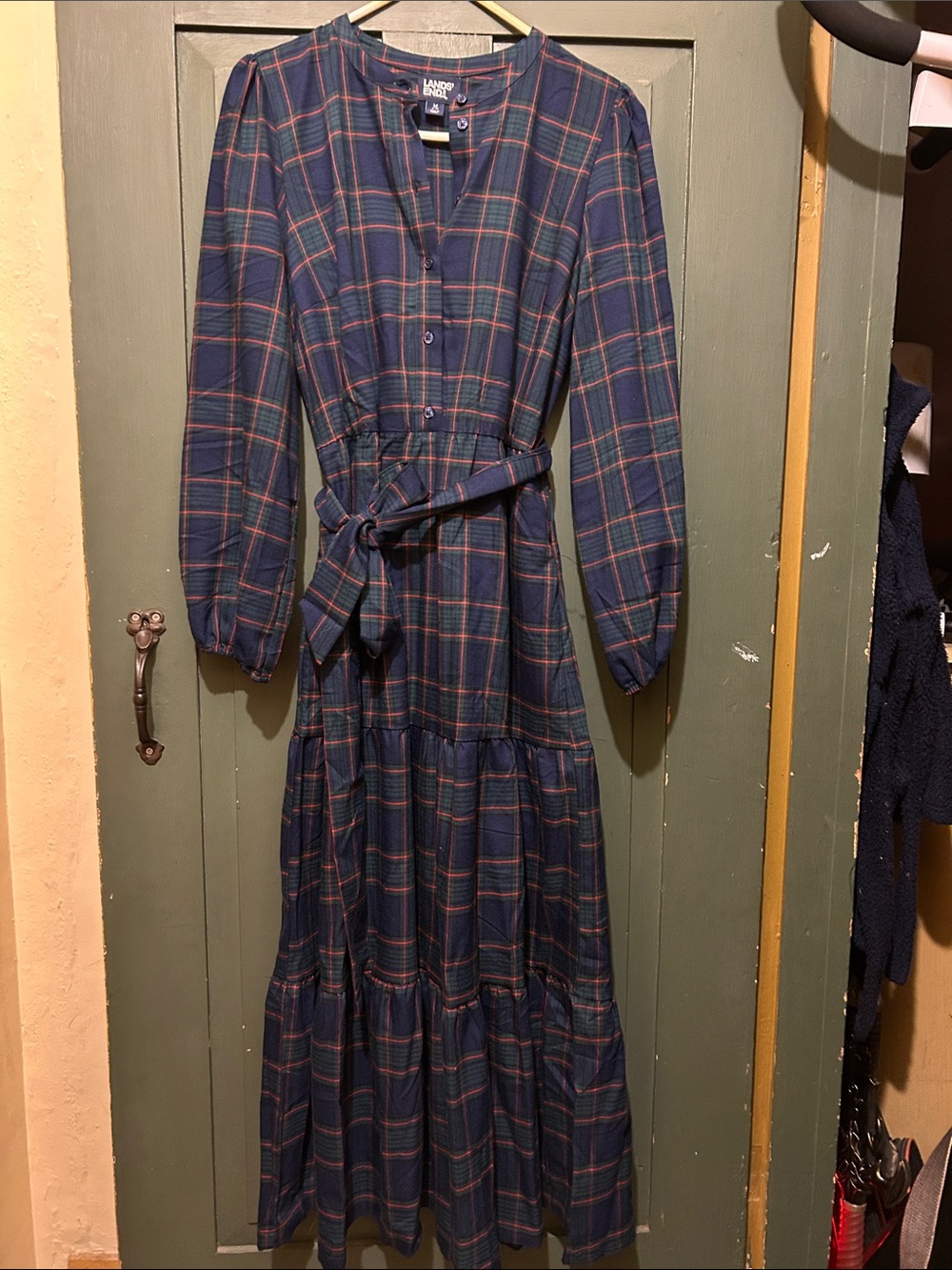 Lands' End Navy Plaid Tiered Maxi Dress with Red & Green Lines